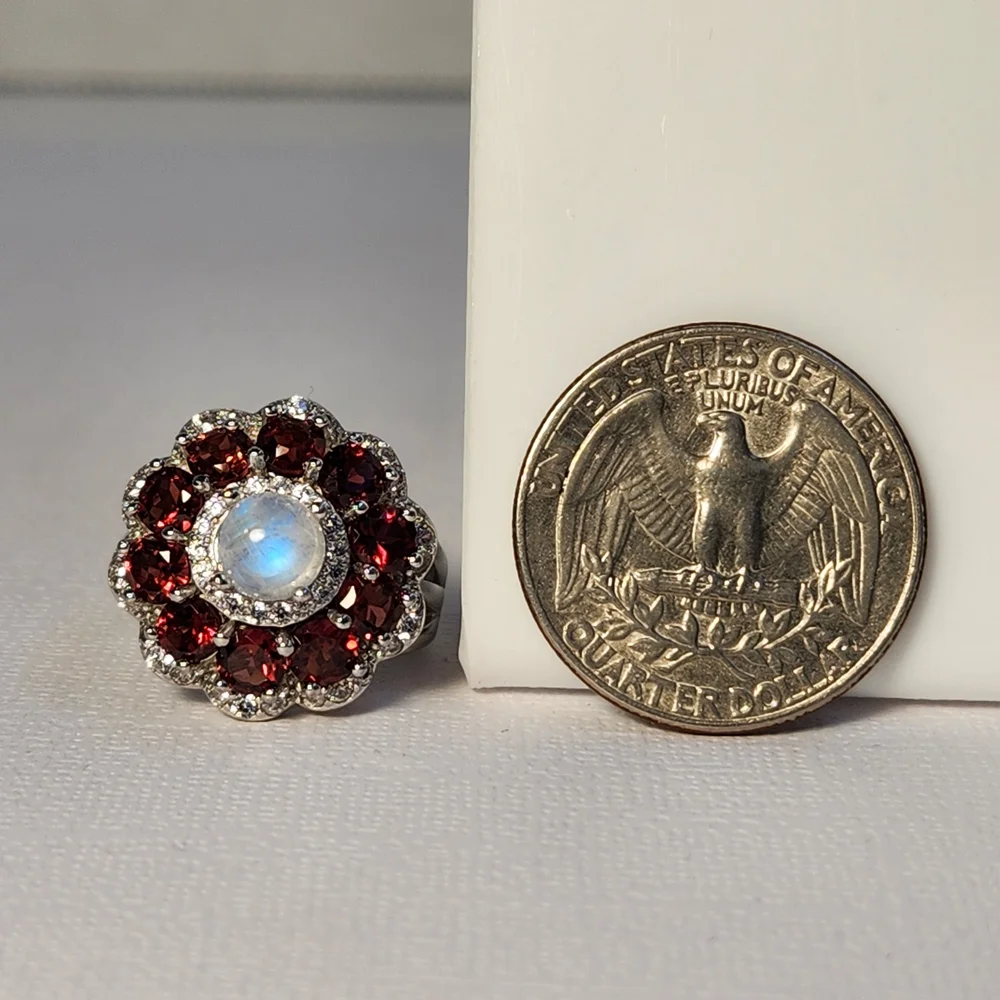 VTG Custom Garnet, Rainbow Moonstone & Zircon 925 Ring Sz 6 - Picture 4 of 13